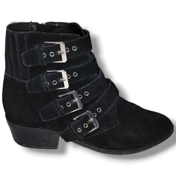 Dolce Vita Boot Sz 6.5 Tavon Black Ankle‎ Boot Suede Buckles Flat Zip - Picture 1 of 11